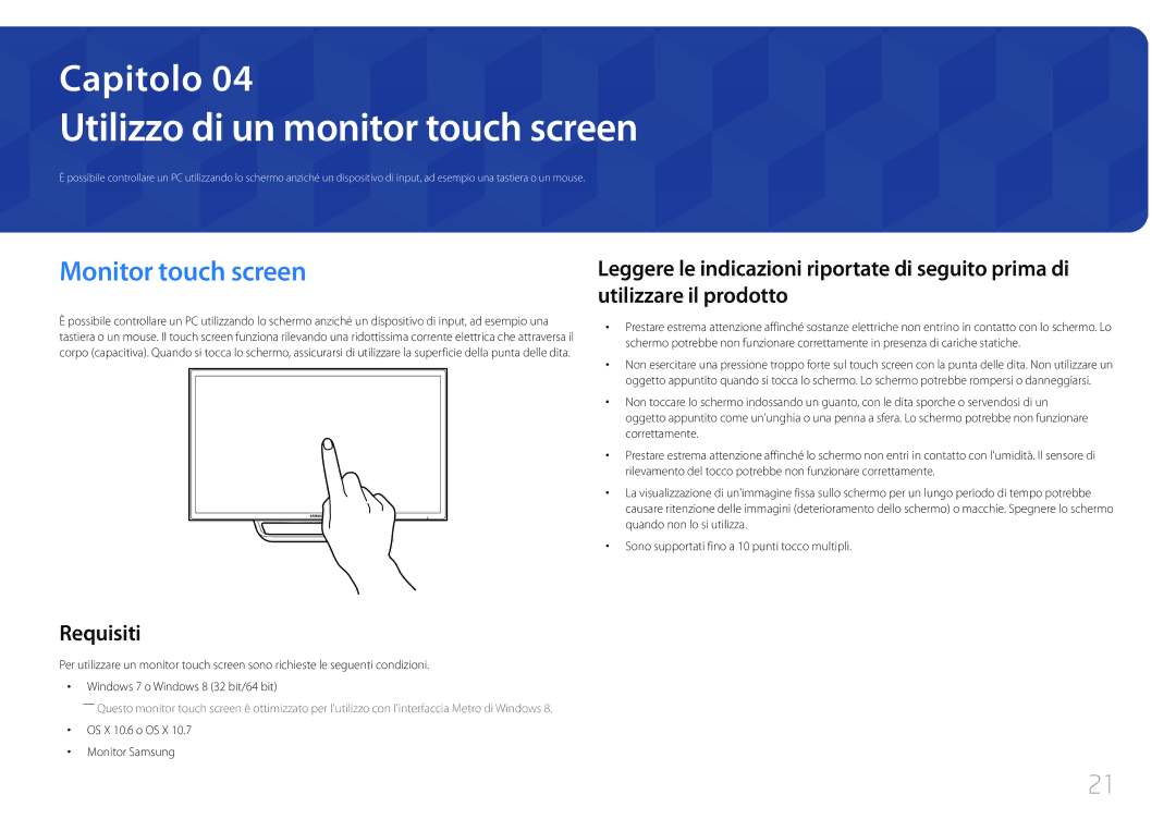 Samsung LS24C770TS/EN manual Utilizzo di un monitor touch screen, Monitor touch screen 