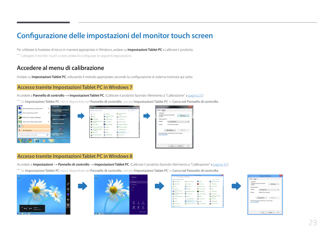 Samsung LS24C770TS/EN manual Configurazione delle impostazioni del monitor touch screen, Accedere al menu di calibrazione 