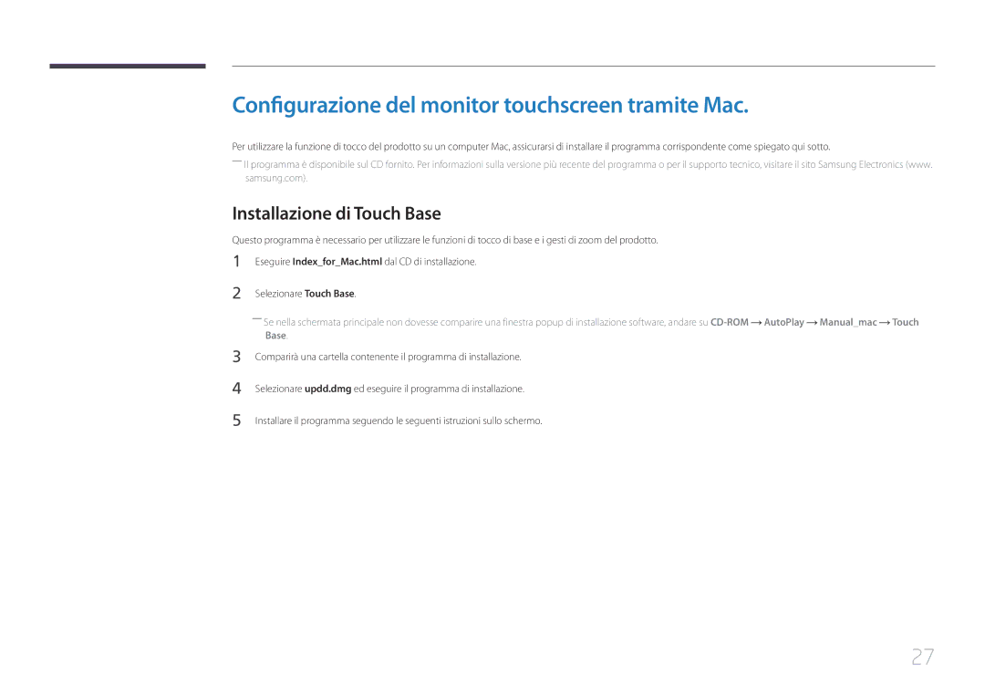 Samsung LS24C770TS/EN manual Configurazione del monitor touchscreen tramite Mac, Installazione di Touch Base 