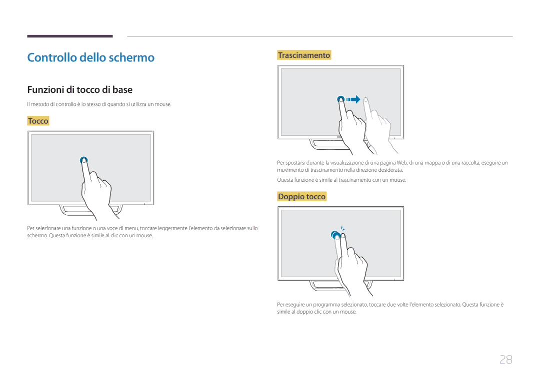 Samsung LS24C770TS/EN manual Controllo dello schermo, Funzioni di tocco di base, Tocco, Trascinamento, Doppio tocco 
