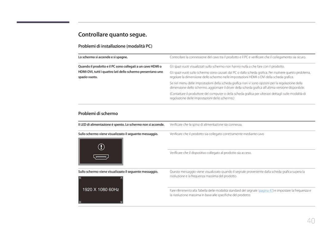 Samsung LS24C770TS/EN manual Controllare quanto segue, Problemi di installazione modalità PC, Problemi di schermo 