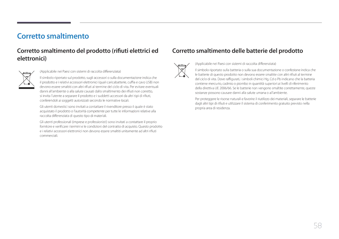 Samsung LS24C770TS/EN manual Corretto smaltimento delle batterie del prodotto 