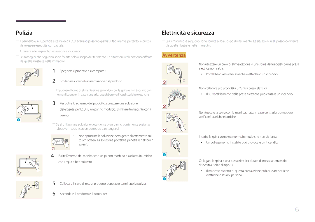 Samsung LS24C770TS/EN manual Pulizia, Elettricità e sicurezza 