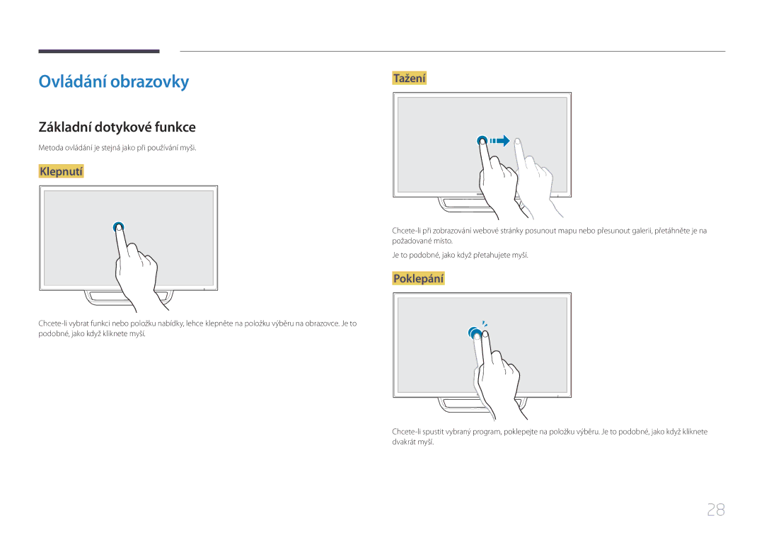 Samsung LS24C770TS/EN manual Ovládání obrazovky, Základní dotykové funkce 