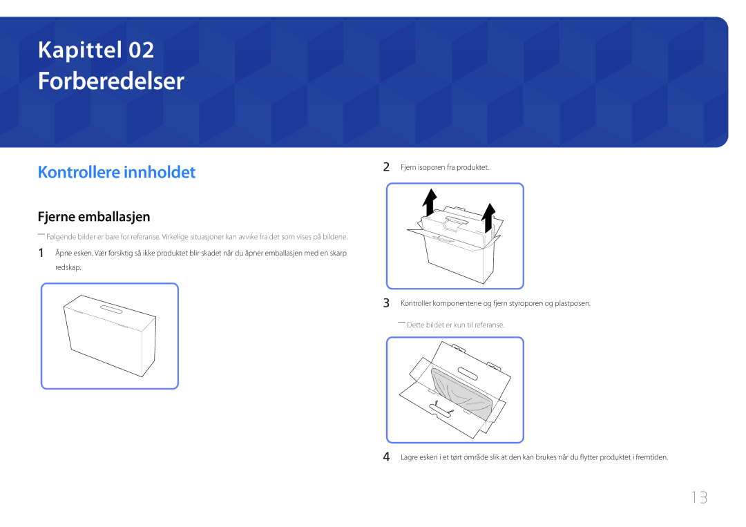 Samsung LS24C770TS/EN manual Forberedelser, Kontrollere innholdet, Fjerne emballasjen 