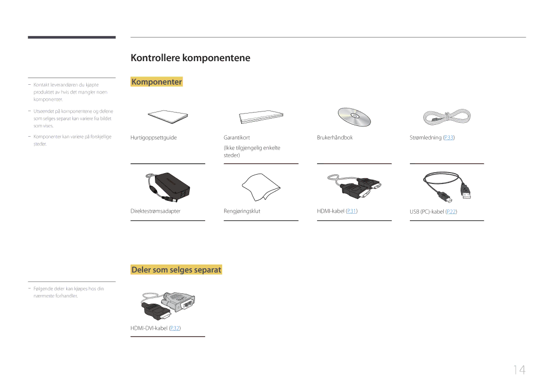 Samsung LS24C770TS/EN manual Kontrollere komponentene, HDMI-DVI-kabel P.32 