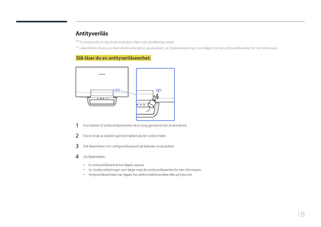 Samsung LS24C770TS/EN manual Antityverilås, Slik låser du en antityverilåseenhet 