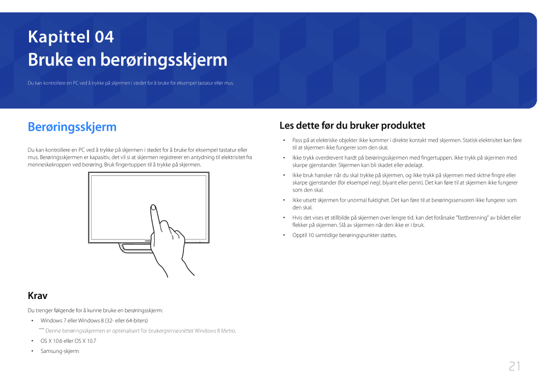 Samsung LS24C770TS/EN manual Bruke en berøringsskjerm, Berøringsskjerm, Les dette før du bruker produktet 