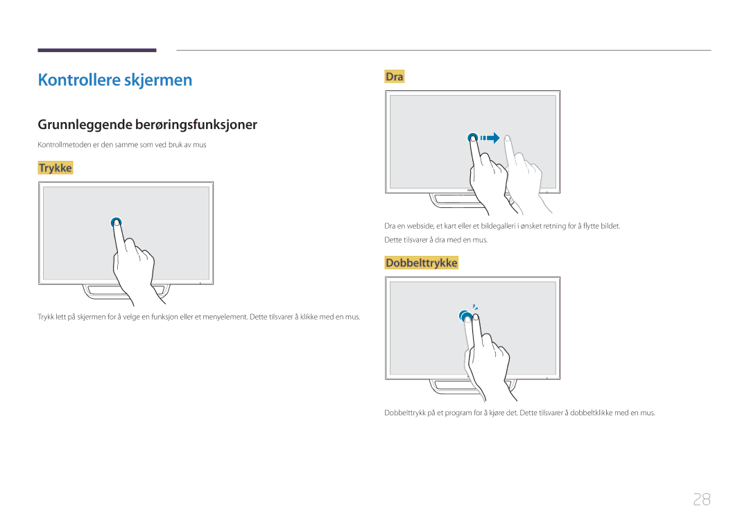 Samsung LS24C770TS/EN manual Kontrollere skjermen, Grunnleggende berøringsfunksjoner 