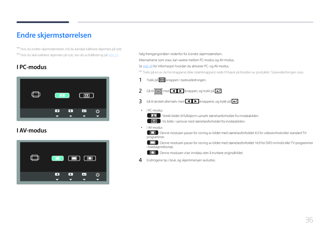 Samsung LS24C770TS/EN manual Endre skjermstørrelsen, PC-modus AV-modus 