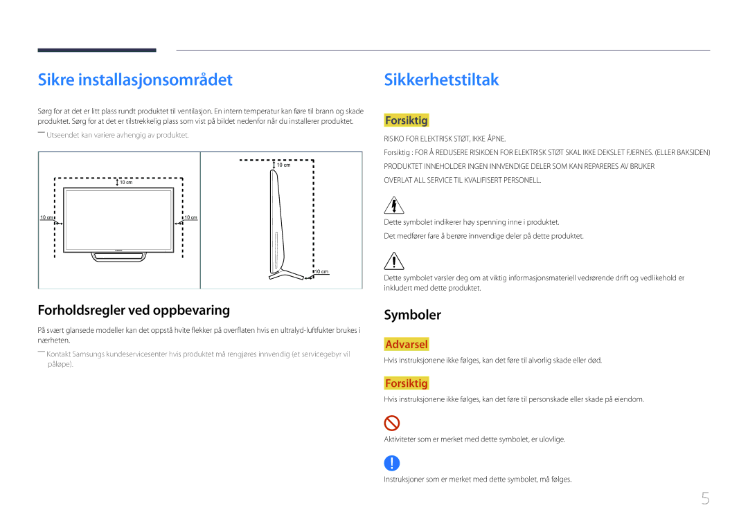 Samsung LS24C770TS/EN manual Sikre installasjonsområdet, Sikkerhetstiltak, Forholdsregler ved oppbevaring, Symboler 