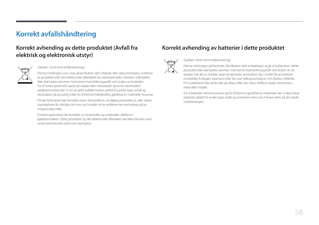 Samsung LS24C770TS/EN manual Korrekt avfallshåndtering, Korrekt avhending av batterier i dette produktet 