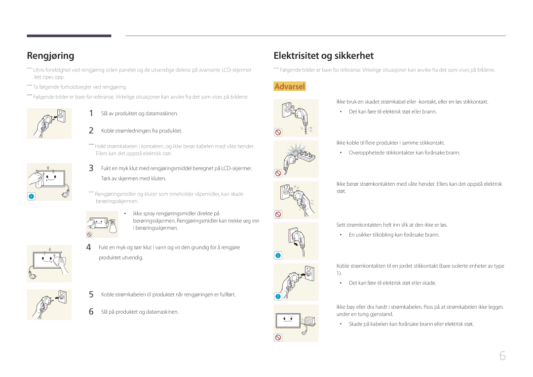 Samsung LS24C770TS/EN manual Rengjøring, Elektrisitet og sikkerhet 