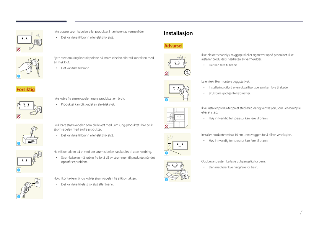 Samsung LS24C770TS/EN manual Installasjon, Det kan føre til brann eller elektrisk støt 
