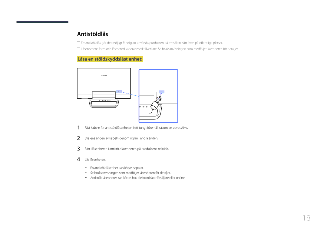 Samsung LS24C770TS/EN manual Antistöldlås, Låsa en stöldskyddslåst enhet 