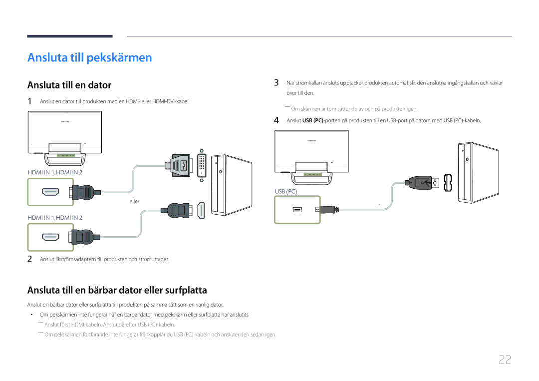 Samsung LS24C770TS/EN manual Ansluta till pekskärmen, Ansluta till en dator, Ansluta till en bärbar dator eller surfplatta 