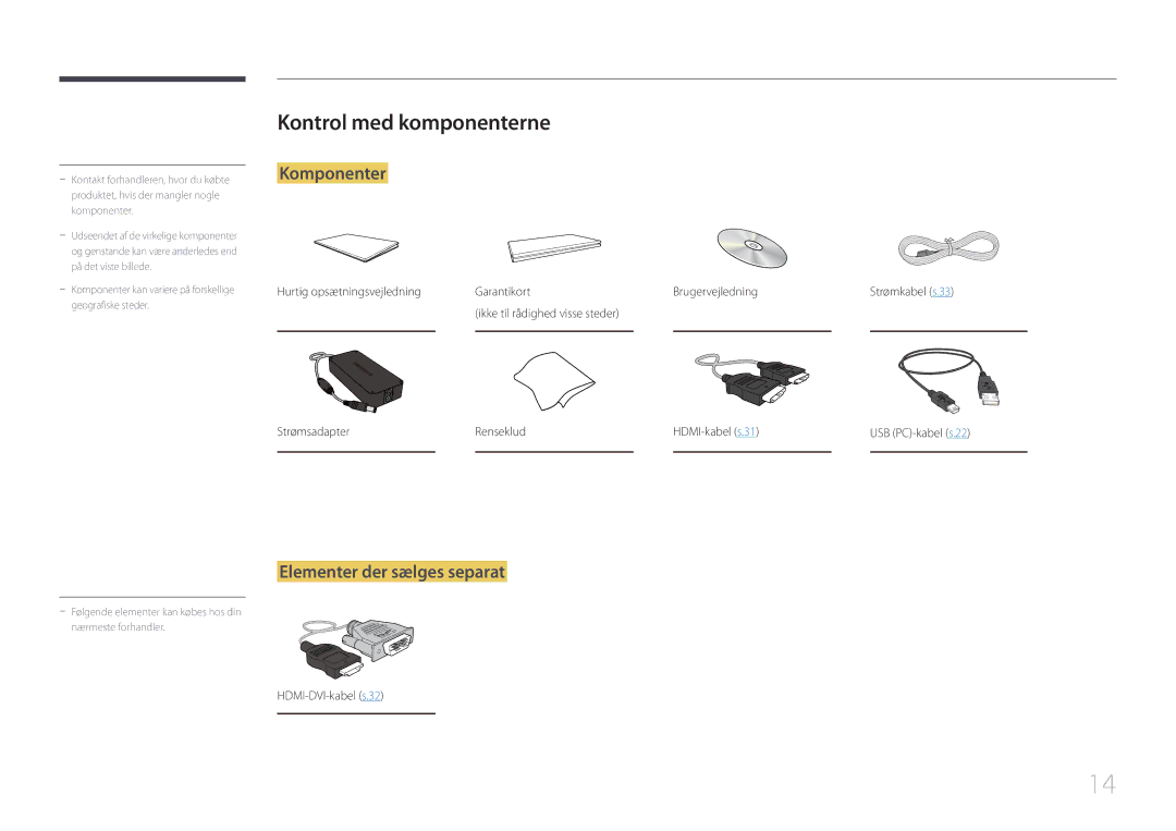 Samsung LS24C770TS/EN manual Kontrol med komponenterne, Komponenter, Elementer der sælges separat 