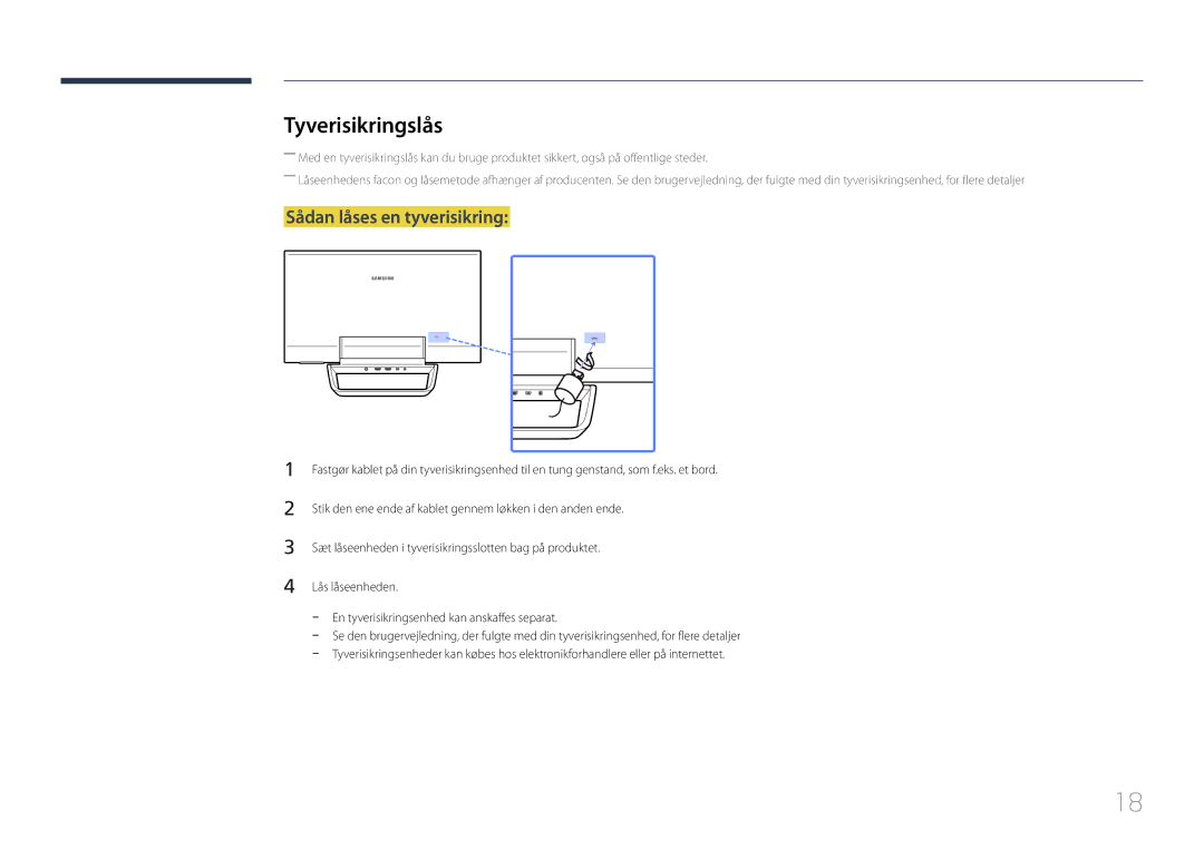 Samsung LS24C770TS/EN manual Tyverisikringslås, Sådan låses en tyverisikring 