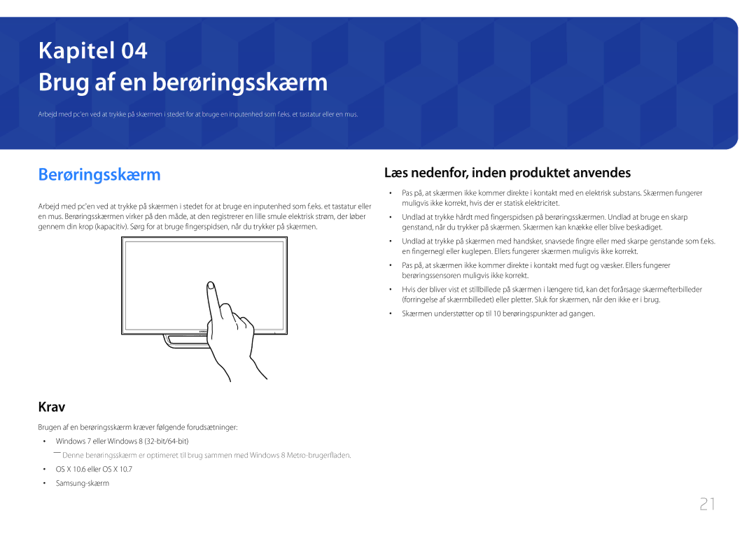 Samsung LS24C770TS/EN manual Berøringsskærm, Læs nedenfor, inden produktet anvendes, OS X 10.6 eller OS X Samsung-skærm 