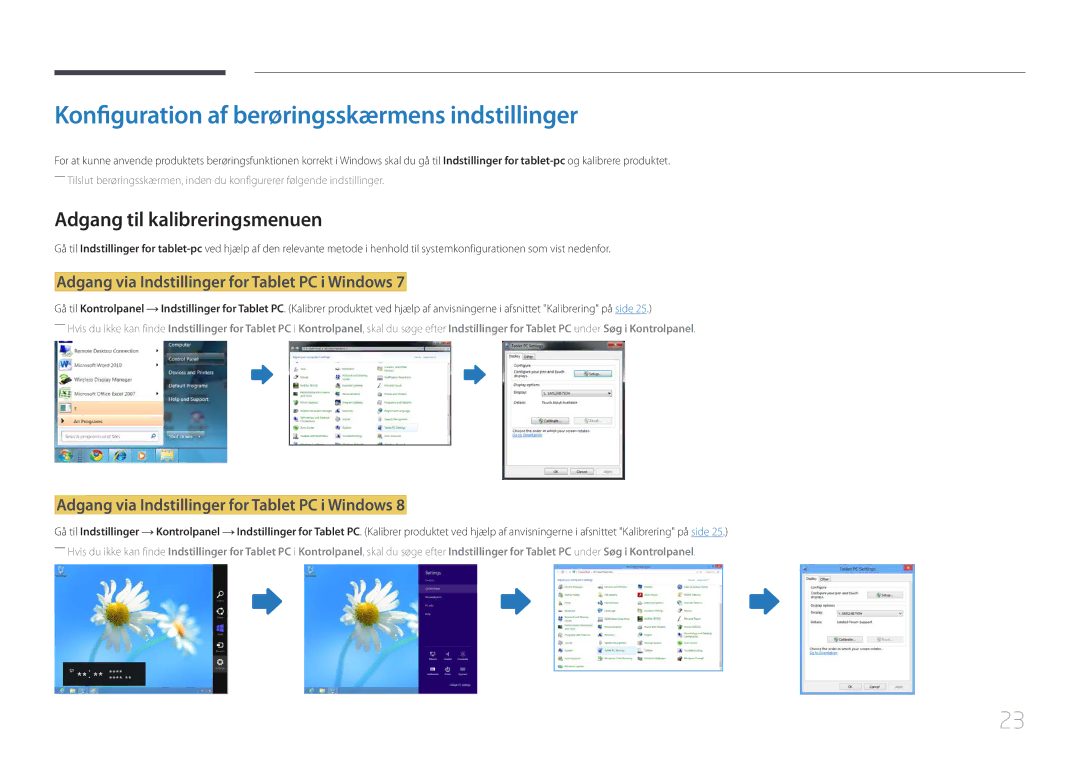 Samsung LS24C770TS/EN manual Konfiguration af berøringsskærmens indstillinger, Adgang til kalibreringsmenuen 