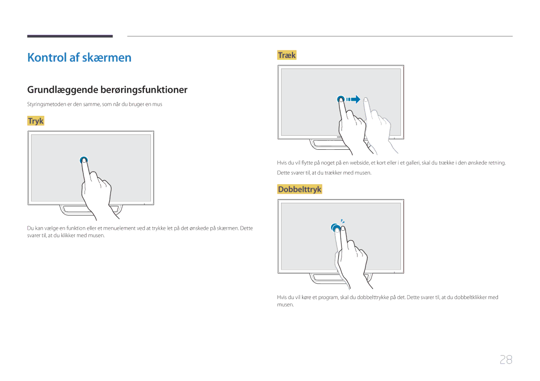Samsung LS24C770TS/EN manual Kontrol af skærmen, Grundlæggende berøringsfunktioner, Tryk, Dobbelttryk 