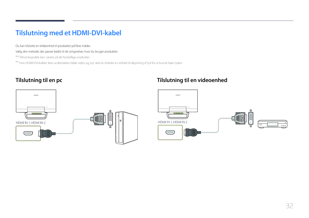 Samsung LS24C770TS/EN manual Tilslutning med et HDMI-DVI-kabel 