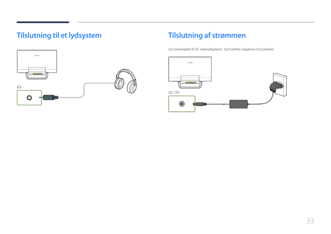 Samsung LS24C770TS/EN manual Tilslutning til et lydsystem Tilslutning af strømmen 