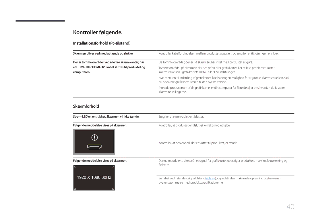 Samsung LS24C770TS/EN manual Kontroller følgende, Installationsforhold Pc-tilstand, Skærmforhold 