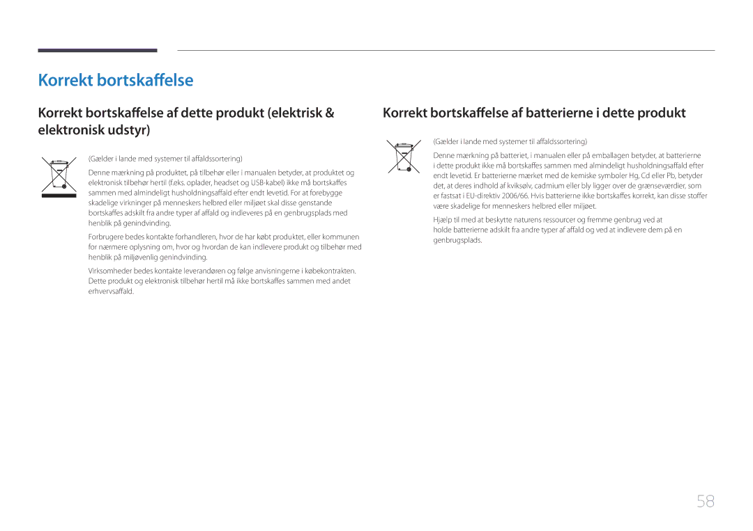 Samsung LS24C770TS/EN manual Korrekt bortskaffelse af batterierne i dette produkt 