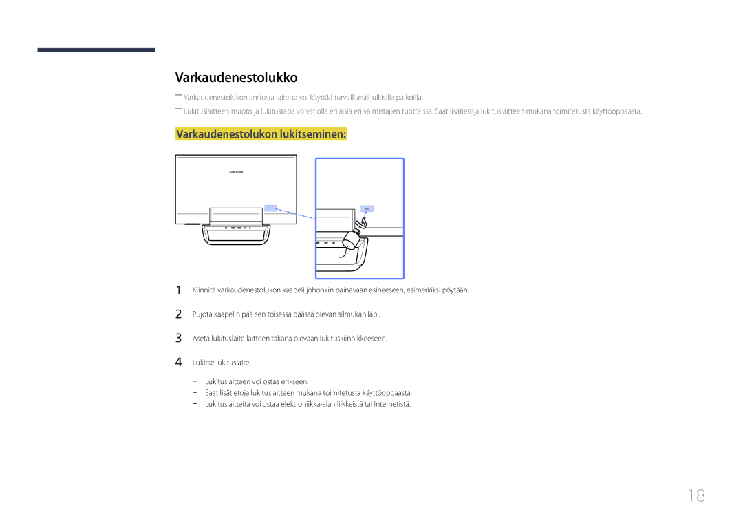 Samsung LS24C770TS/EN manual Varkaudenestolukko, Varkaudenestolukon lukitseminen 