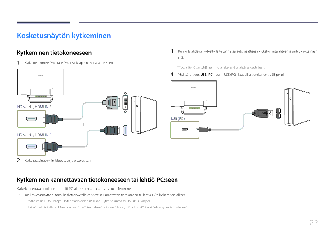 Samsung LS24C770TS/EN manual Kosketusnäytön kytkeminen, Kytkeminen tietokoneeseen 