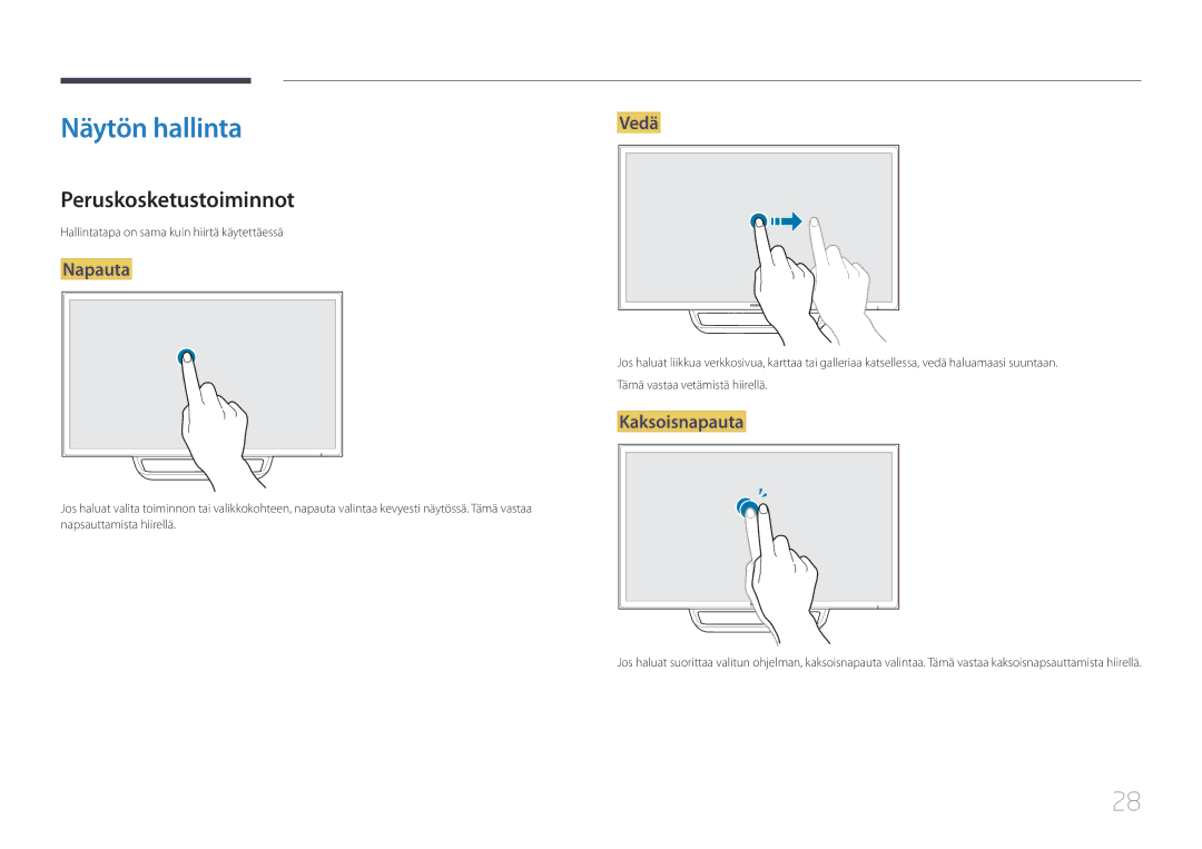 Samsung LS24C770TS/EN manual Näytön hallinta, Peruskosketustoiminnot, Napauta, Vedä, Kaksoisnapauta 