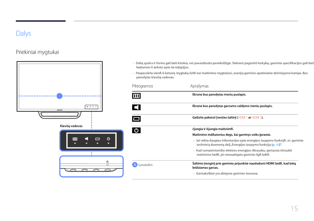 Samsung LS24C770TS/EN manual Dalys, Priekiniai mygtukai, PiktogramosAprašymas, Garsiakalbis 