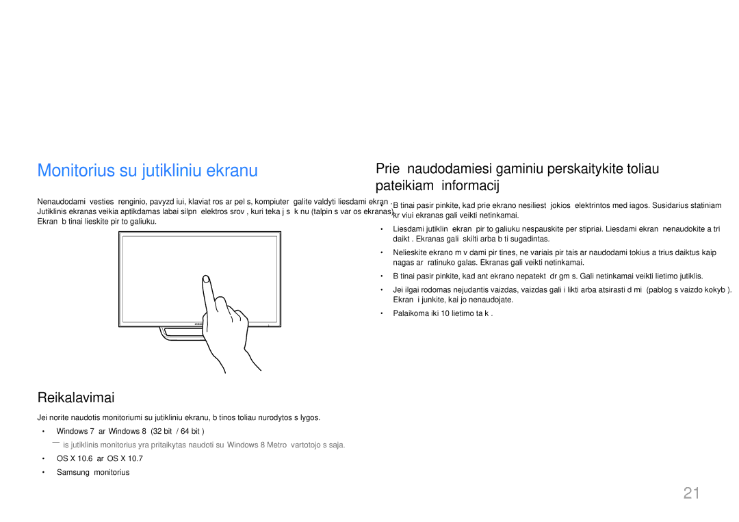 Samsung LS24C770TS/EN manual Monitoriaus su jutikliniu ekranu naudojimas, Monitorius su jutikliniu ekranu 