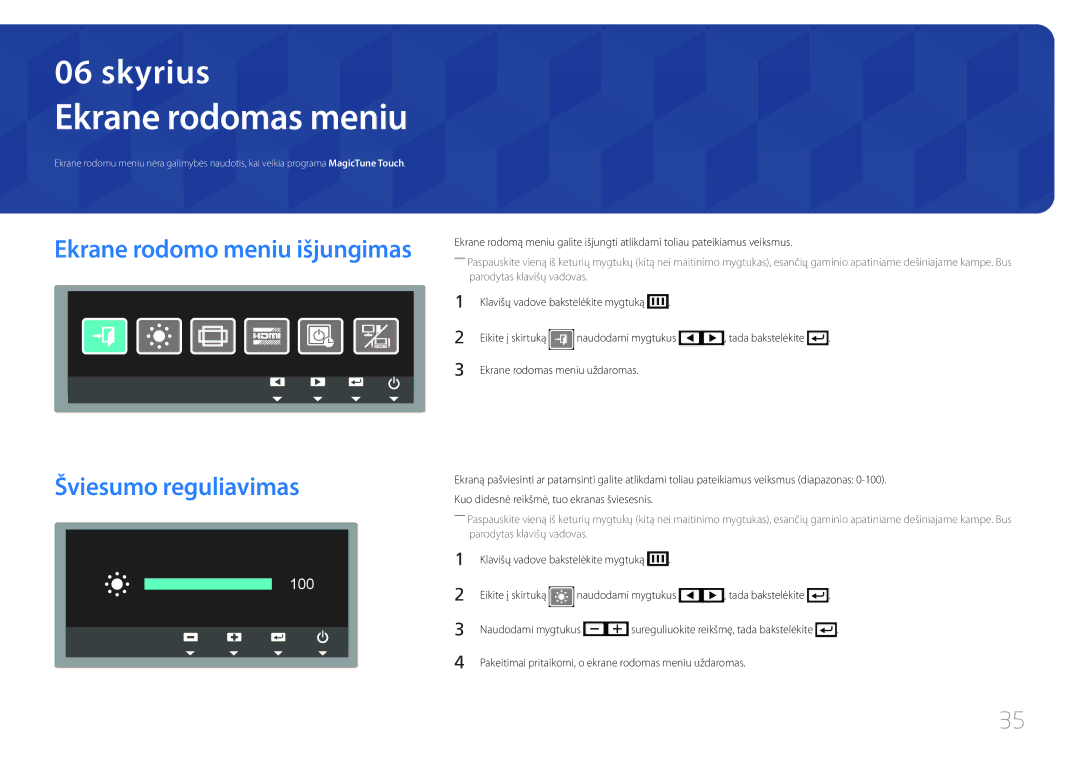 Samsung LS24C770TS/EN manual Ekrane rodomas meniu, Šviesumo reguliavimas 