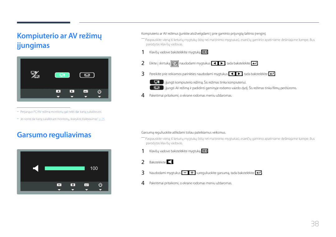 Samsung LS24C770TS/EN manual Kompiuterio ar AV režimų įjungimas, Garsumo reguliavimas 