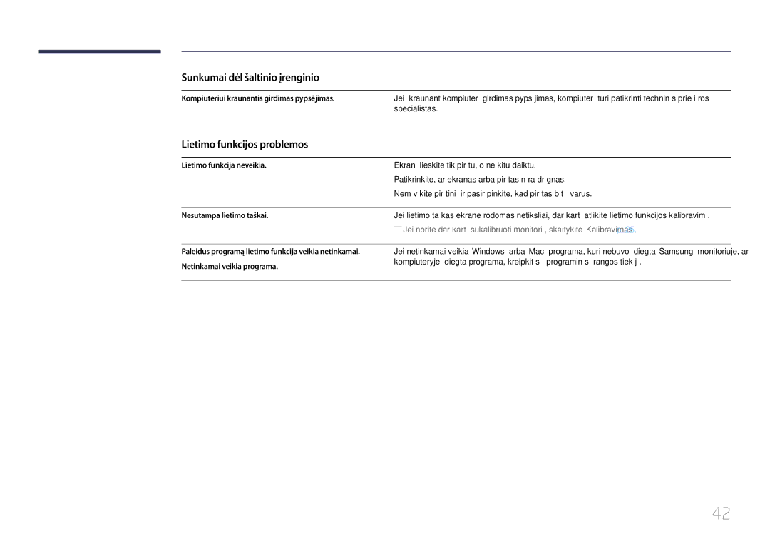 Samsung LS24C770TS/EN manual Sunkumai dėl šaltinio įrenginio, Lietimo funkcijos problemos, Lietimo funkcija neveikia 