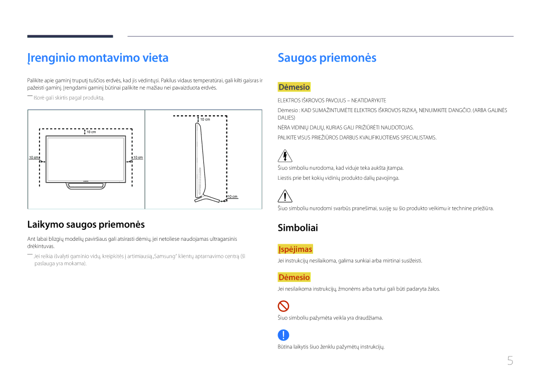 Samsung LS24C770TS/EN manual Įrenginio montavimo vieta, Saugos priemonės, Laikymo saugos priemonės, Simboliai 