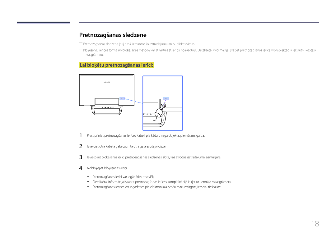 Samsung LS24C770TS/EN manual Pretnozagšanas slēdzene, Lai bloķētu pretnozagšanas ierīci 