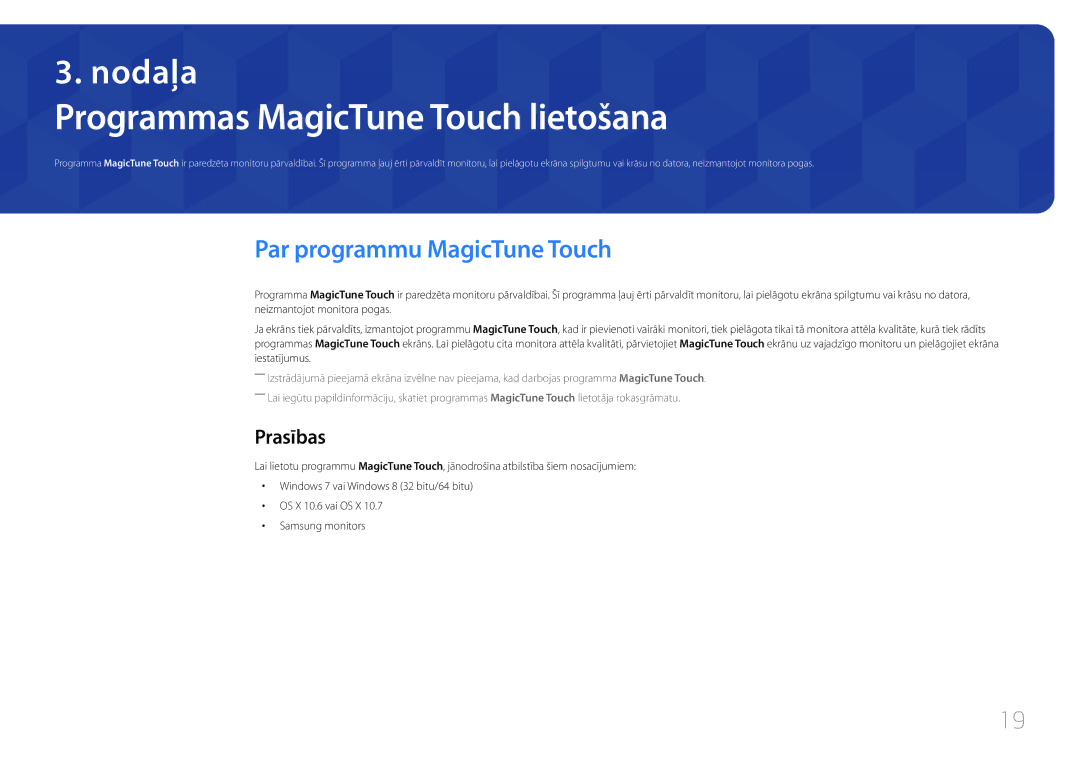 Samsung LS24C770TS/EN manual Programmas MagicTune Touch lietošana, Par programmu MagicTune Touch, Prasības 