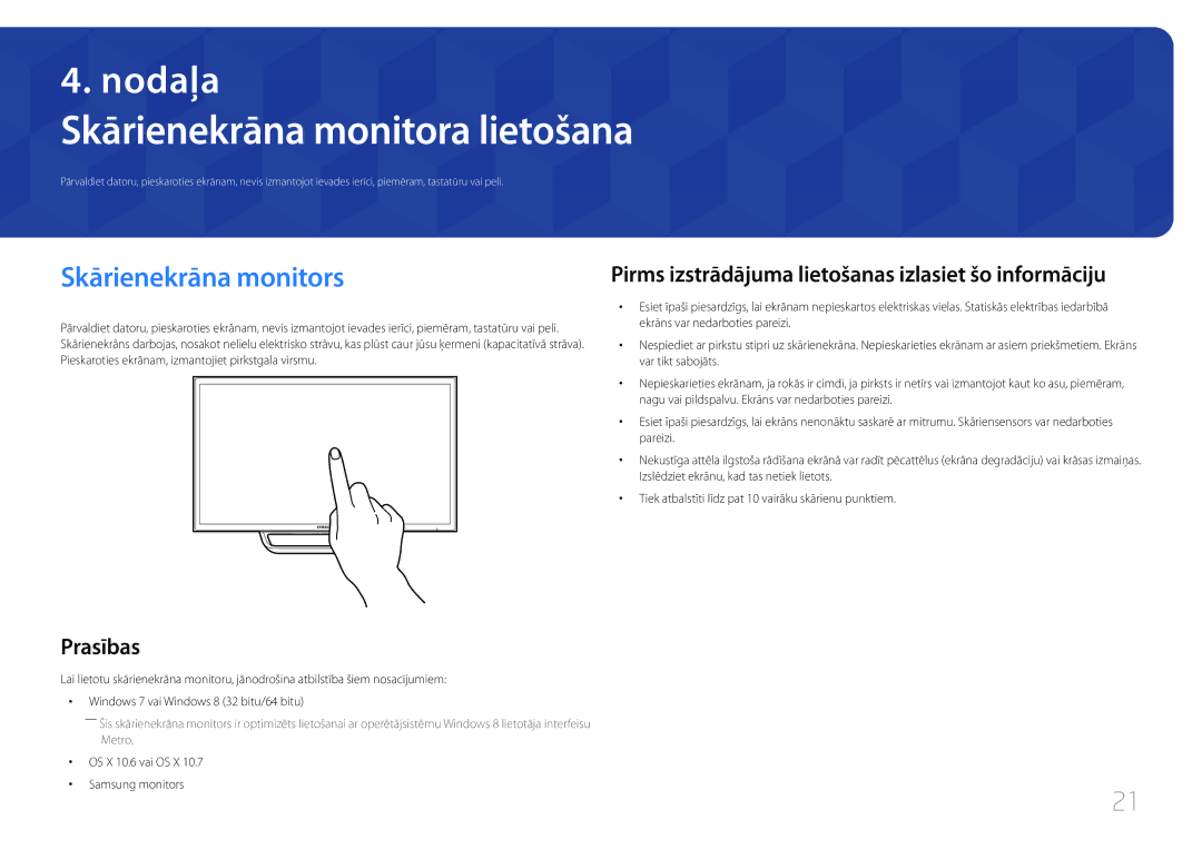 Samsung LS24C770TS/EN manual Skārienekrāna monitora lietošana, Skārienekrāna monitors 