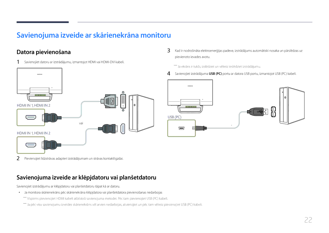 Samsung LS24C770TS/EN manual Savienojuma izveide ar skārienekrāna monitoru, Datora pievienošana 