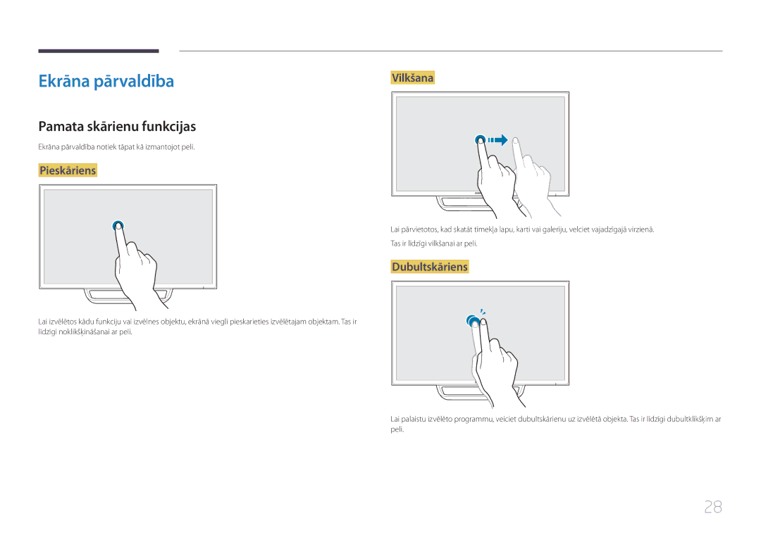 Samsung LS24C770TS/EN manual Ekrāna pārvaldība, Pamata skārienu funkcijas 