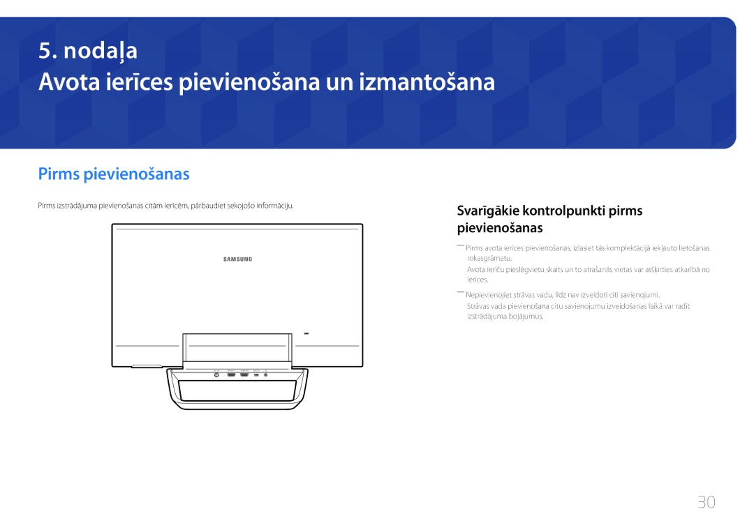 Samsung LS24C770TS/EN manual Avota ierīces pievienošana un izmantošana, Pirms pievienošanas 