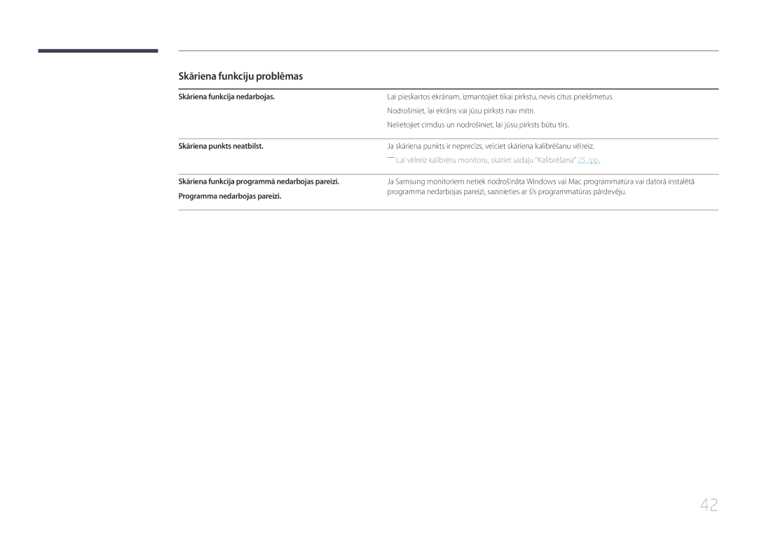 Samsung LS24C770TS/EN manual Skāriena funkciju problēmas, Skāriena funkcija nedarbojas, Skāriena punkts neatbilst 