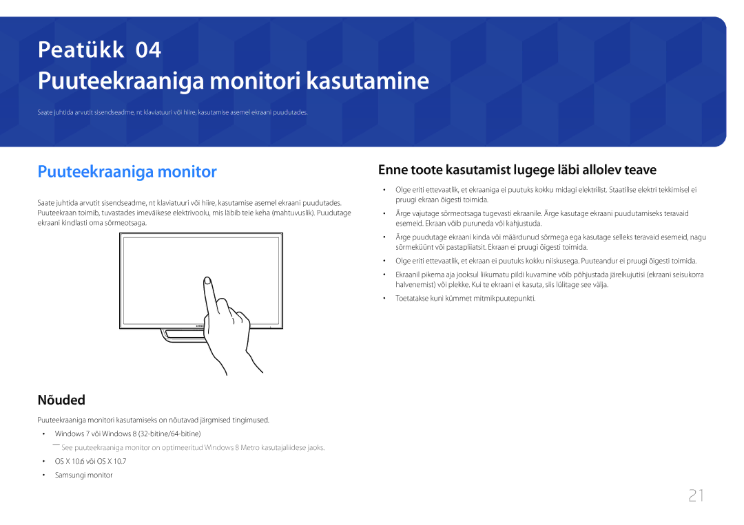 Samsung LS24C770TS/EN manual Puuteekraaniga monitori kasutamine, Enne toote kasutamist lugege läbi allolev teave 