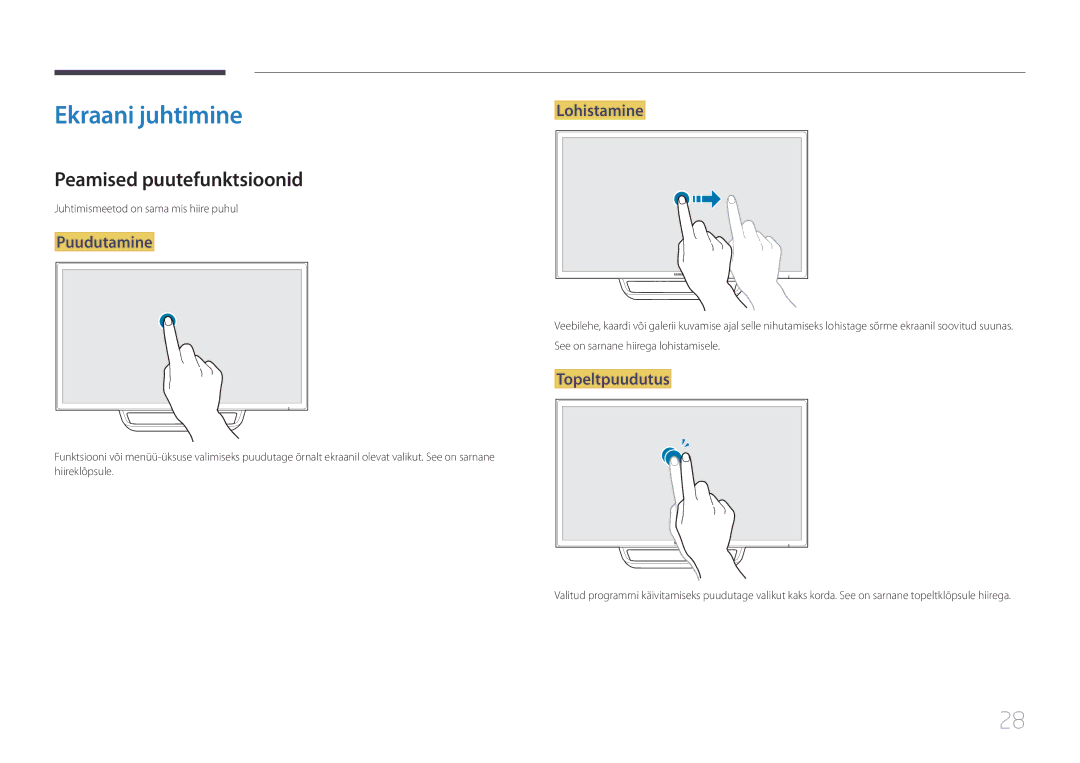 Samsung LS24C770TS/EN manual Ekraani juhtimine, Peamised puutefunktsioonid, Puudutamine, Lohistamine, Topeltpuudutus 