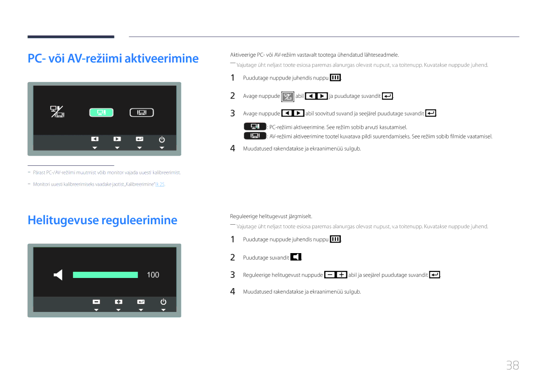 Samsung LS24C770TS/EN manual Helitugevuse reguleerimine, PC- või AV-režiimi aktiveerimine 