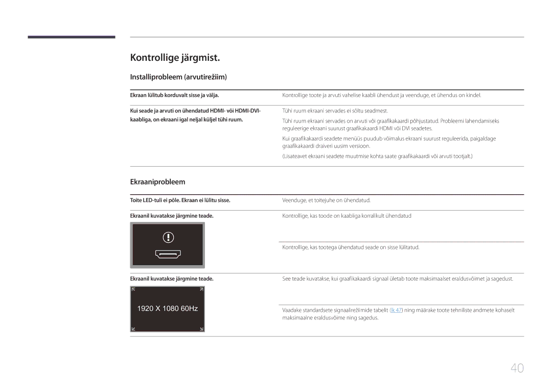 Samsung LS24C770TS/EN manual Kontrollige järgmist, Installiprobleem arvutirežiim, Ekraaniprobleem 