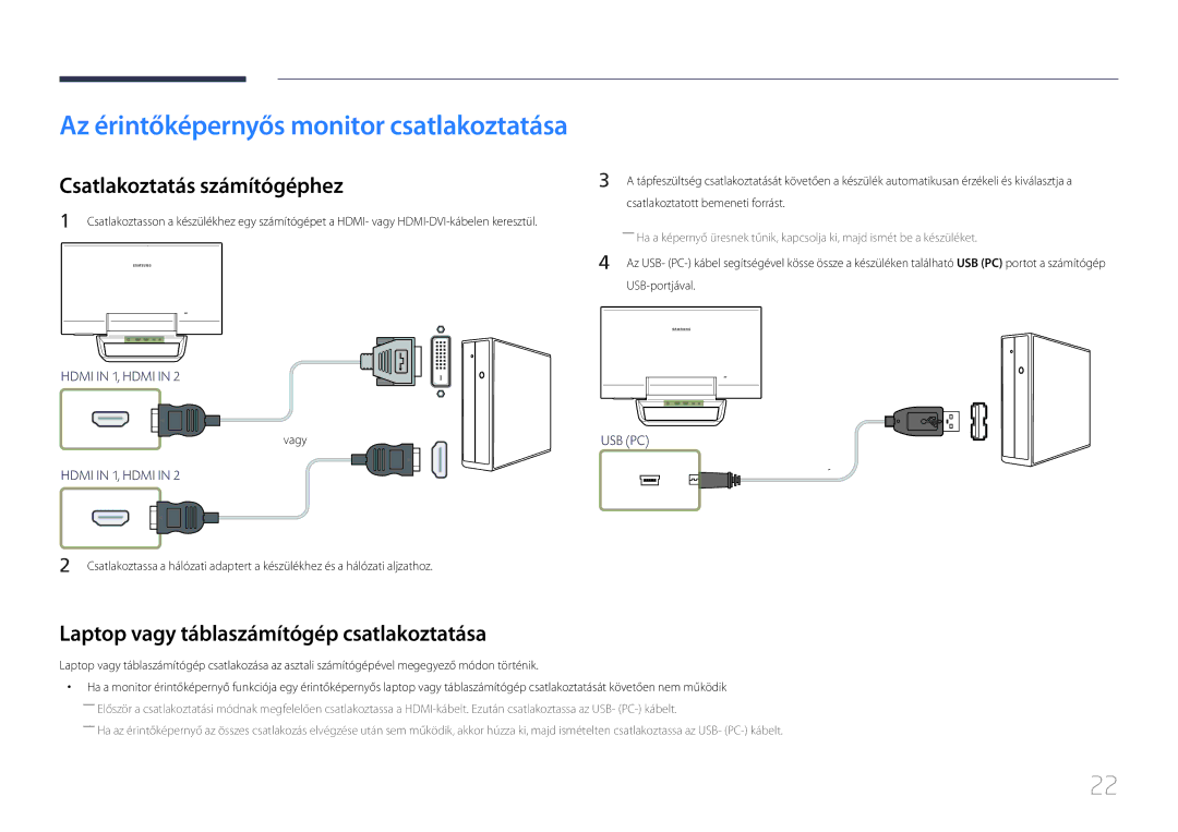 Samsung LS24C770TS/EN manual Az érintőképernyős monitor csatlakoztatása, Csatlakoztatás számítógéphez 